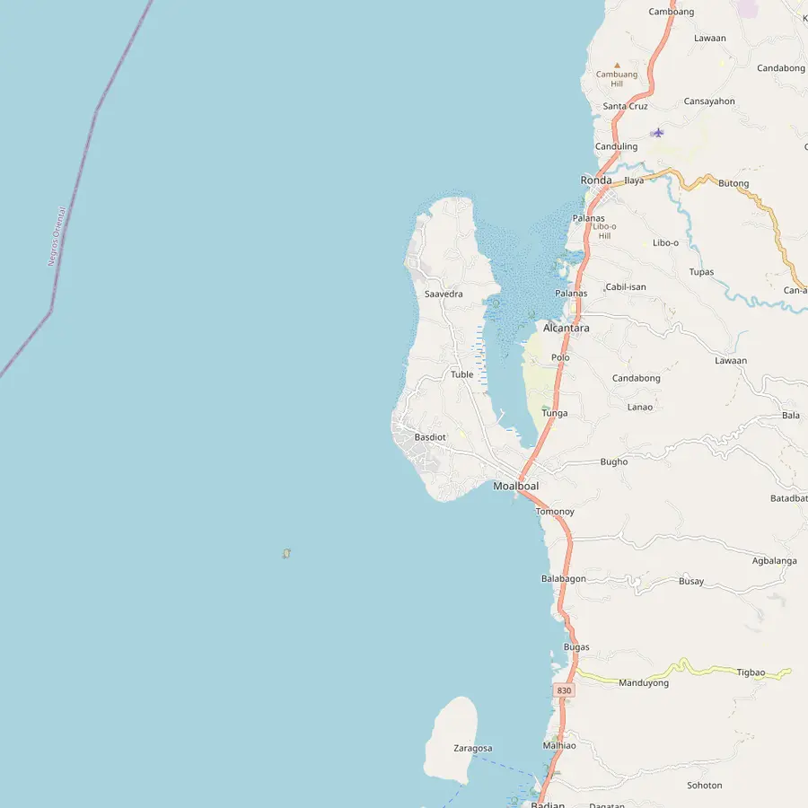 Map of the Moalboal peninsula with the public market, Panagsama Beach, White Beach in Basdaku and Pescador Island offshore